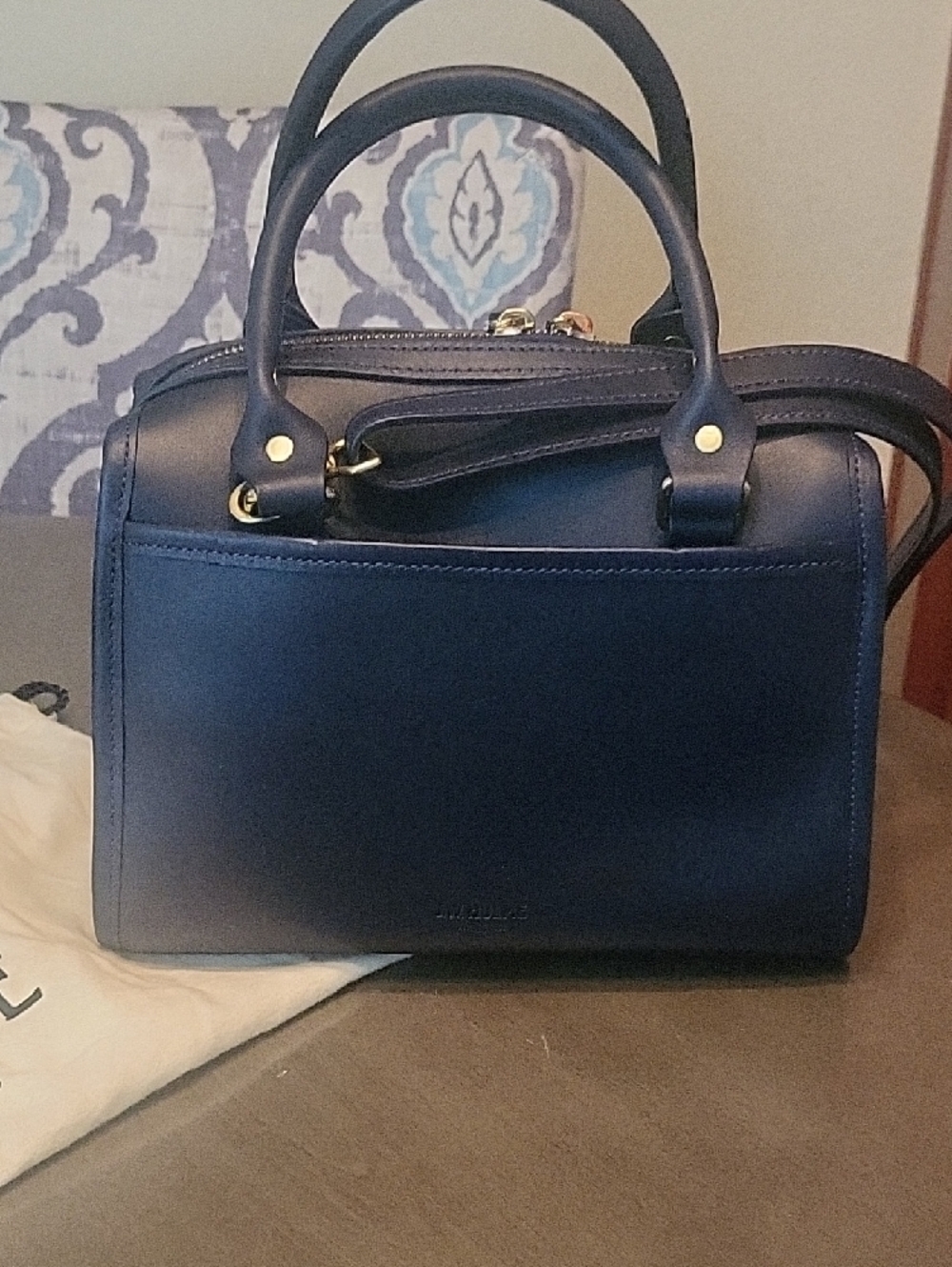 J.W. Hulme Classic Navy Structured Satchel Handbag - Gold Hardware - Picture 2 of 6